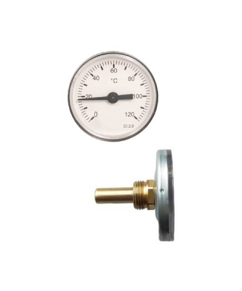 Erik Færgemann skivetermometer Ø63, 12''x40 mm, 0-120 C, messing dykrør Erik Færgemann - skivetermometer Ø 63, 1/2''x 40 mm, 0-120°C, messing dykrør