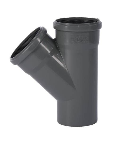 Unico - grenrør med 2 muffer, PP, 45gr, 110, 75, 50, 40, 30, 15 mm Unico - grenrør med 2 muffer, PP, 45°, grå