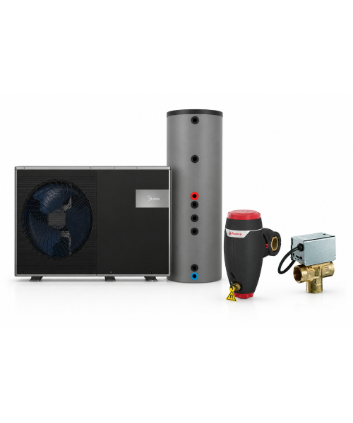 14kW - Midea monoblock Artic + Hybrid beholdertårn inkl. buffer + Zoneventil + Flamco XStream smudsudskiller, sæt Midea 14kW monoblock Artic varmepumpe - luft til vand sæt
