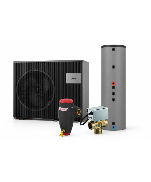 9kW - Midea monoblock + Hybrid beholdertårn inkl. buffer + Zoneventil + Flamco XStream smudsudskiller, sæt Midea 10kW Nature Monoblock varmepumpe – luft til vand sæt